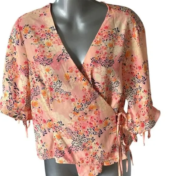 Topshop Women's Floral V-Neck Cropped Wrap Blouse Size 10 Multicolor - Picture 2 of 6